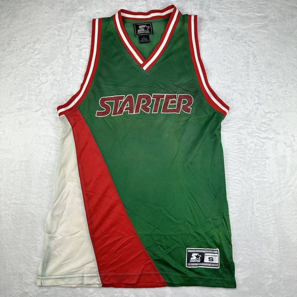 Vintage Starter Mens Green Red White Colorblock Basketball Jersey‎ Size Small